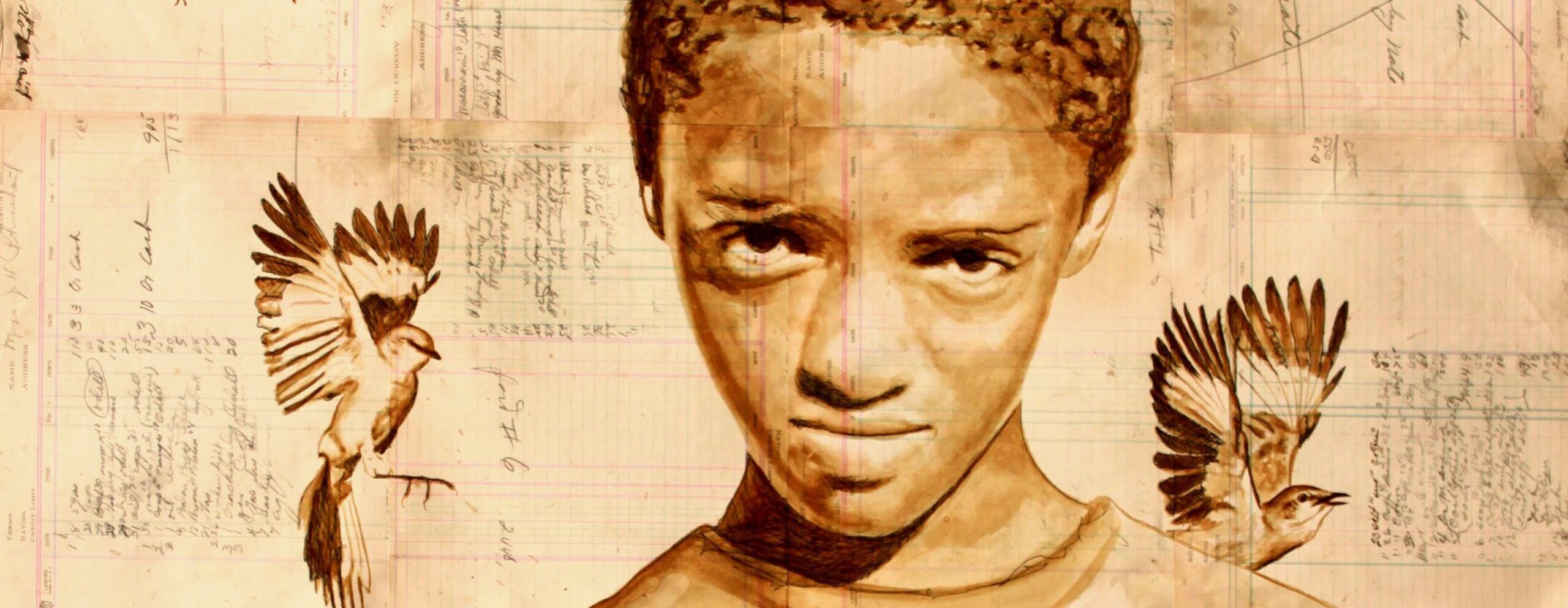 painting of kaleab with with mockingbirds painted with coffee and ink on antique paper by Michael Aaron Williams